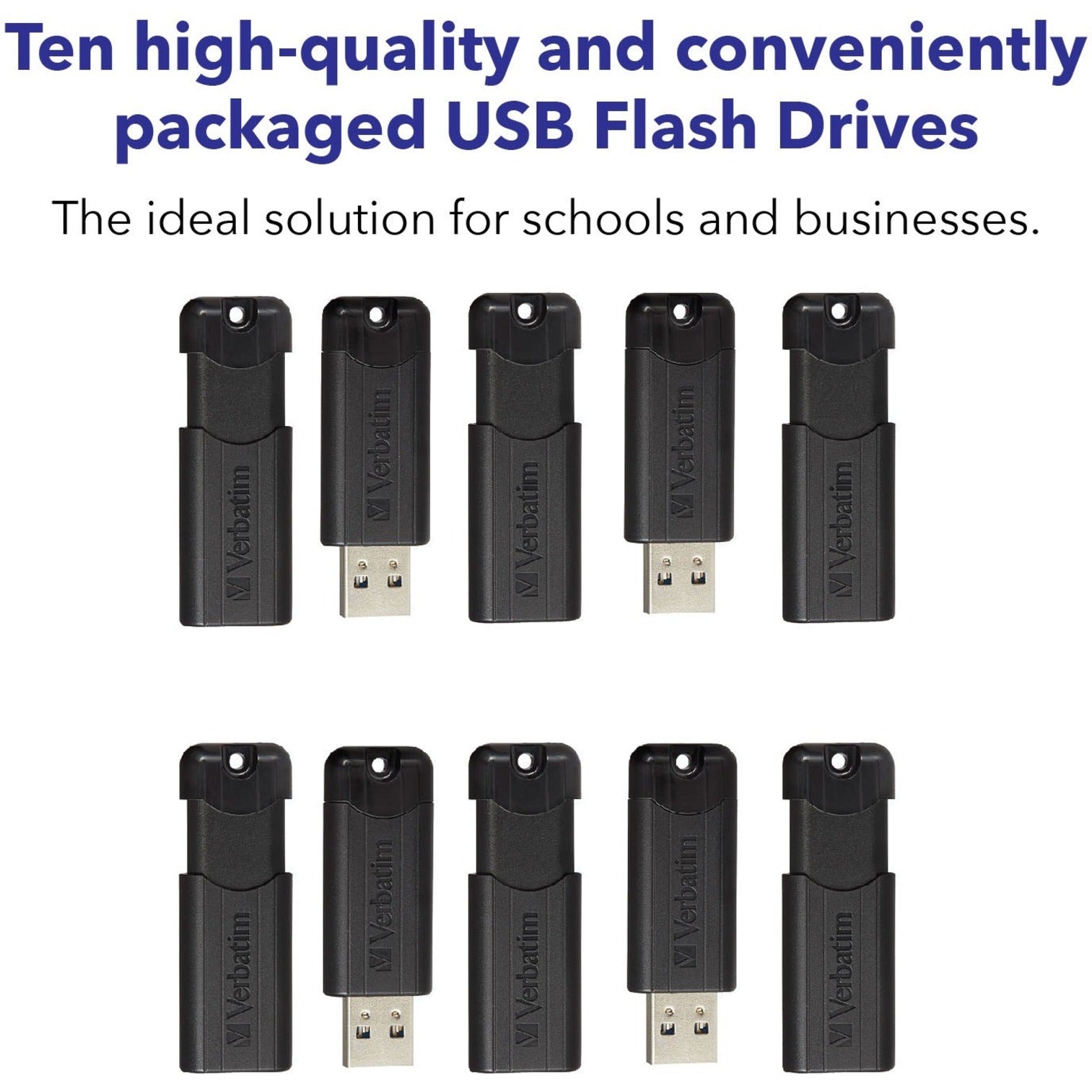 Marketing image showing ten Verbatim PinStripe USB drives with text overlay highlighting business applications-alternate-image6