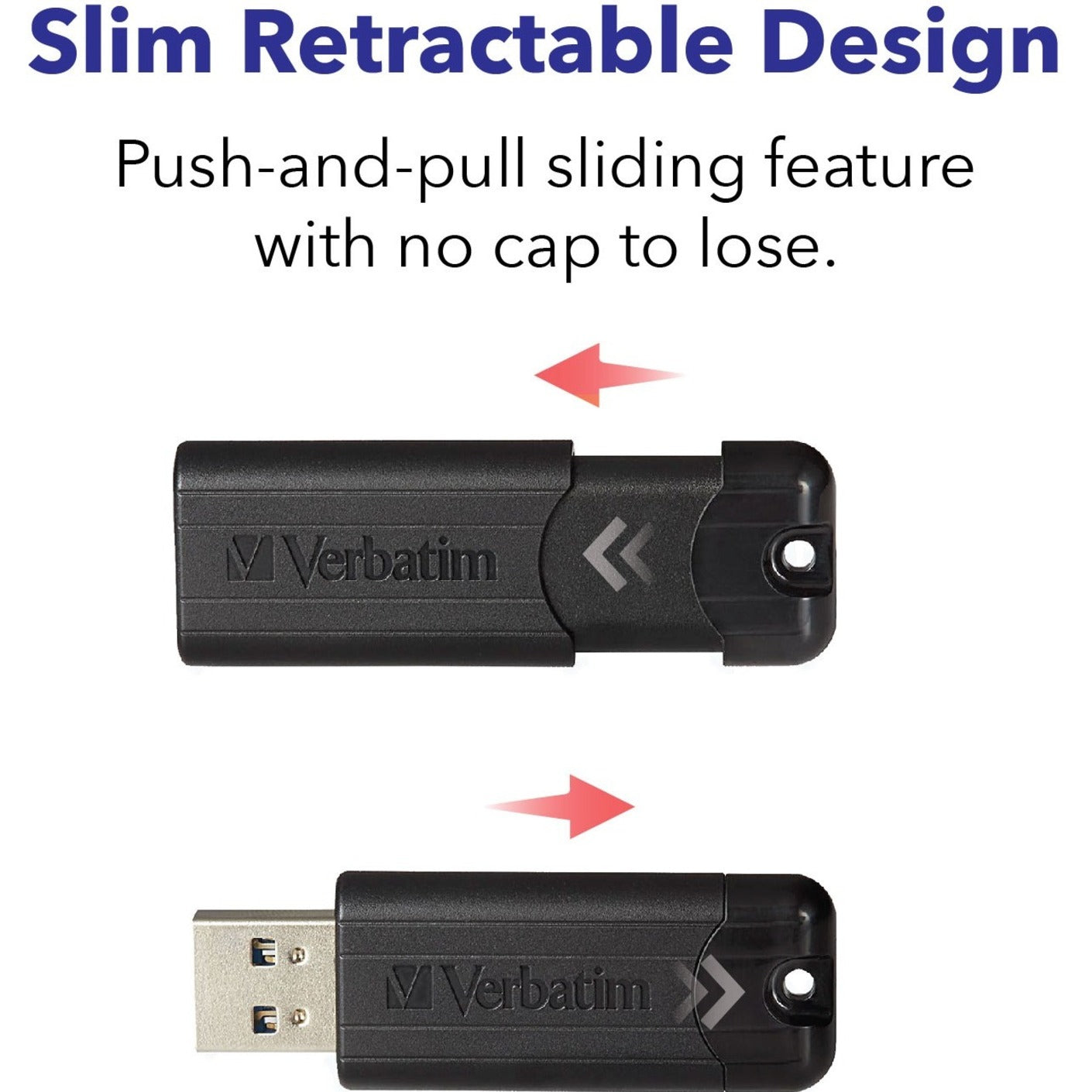 Demonstration of Verbatim PinStripe USB drive's sliding mechanism with directional arrows-alternate-image7