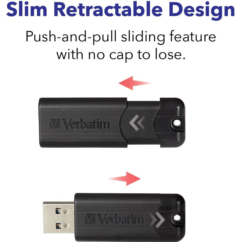 Demonstration of Verbatim PinStripe USB drive's sliding mechanism with directional arrows