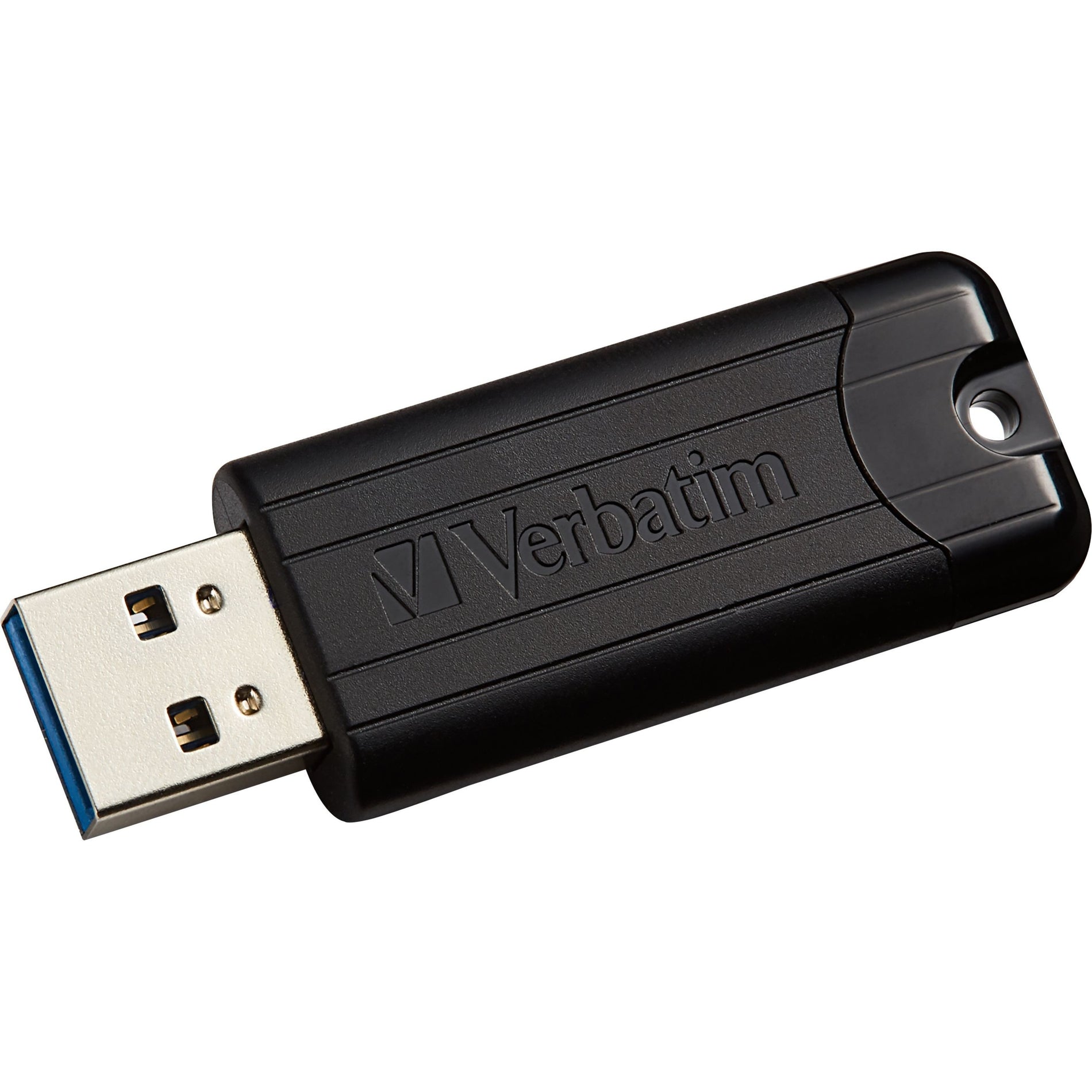 Close-up view of single Verbatim PinStripe USB drive showing USB 3.2 connector and textured surface-alternate-image2