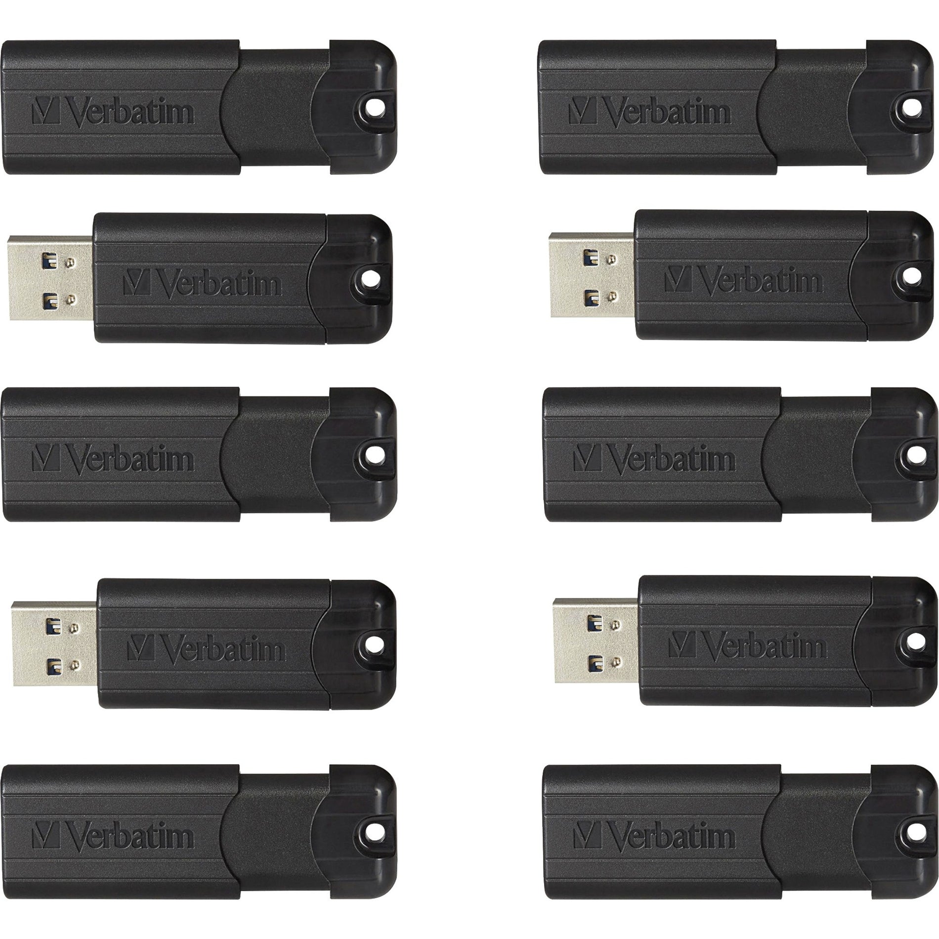 Ten black Verbatim PinStripe USB flash drives arranged in two rows showing both closed and open positions-alternate-image1