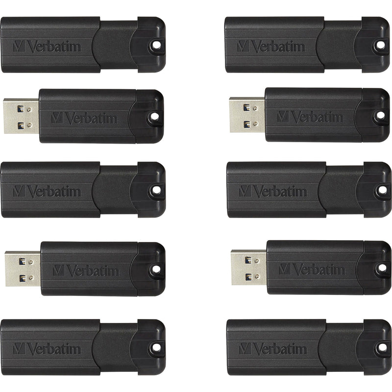 Ten black Verbatim PinStripe USB flash drives arranged in two rows showing both closed and open positions