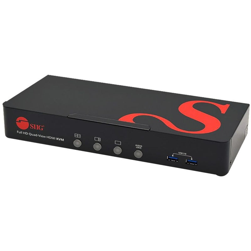 Front view of SIIG Full HD Quad-View HDMI KVM switch showing control buttons and USB ports