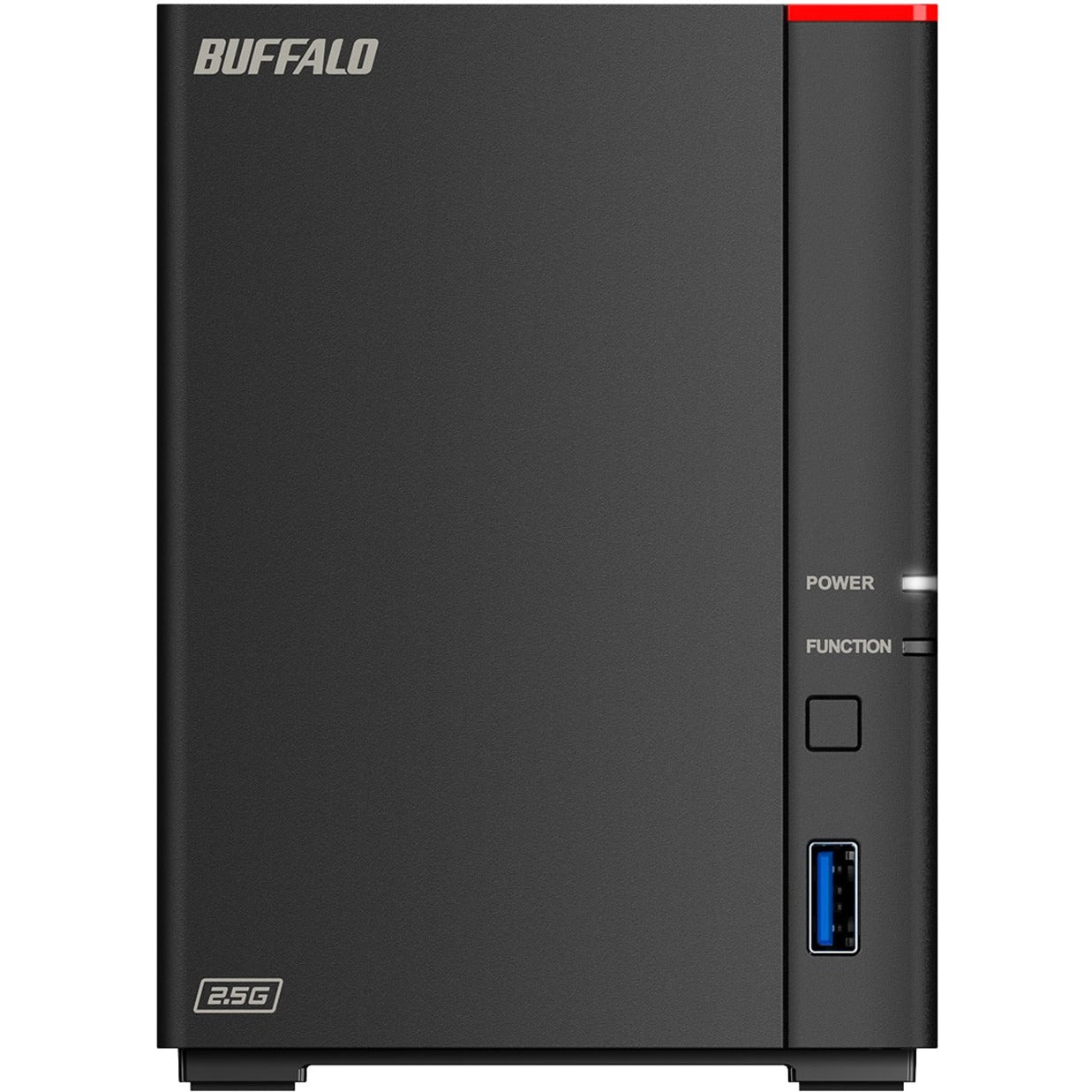 Close-up front view of Buffalo LinkStation 710D showing USB port and status indicators-alternate-image2