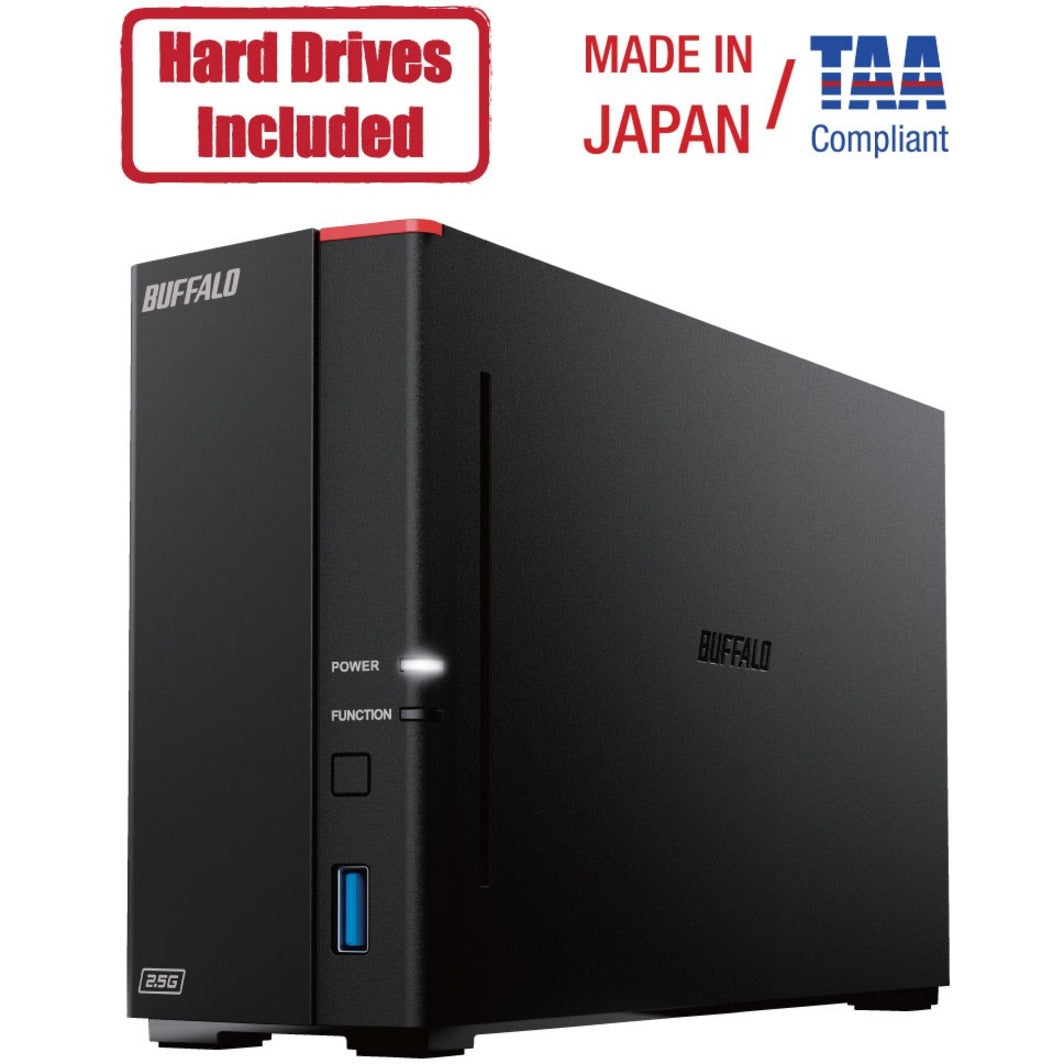 Front view of Buffalo LinkStation 710D NAS device with pre-installed hard drives and Made in Japan certification-alternate-image1