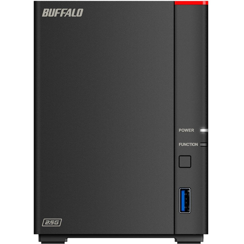 Close-up front view of Buffalo LinkStation 720D showing control panel and USB port