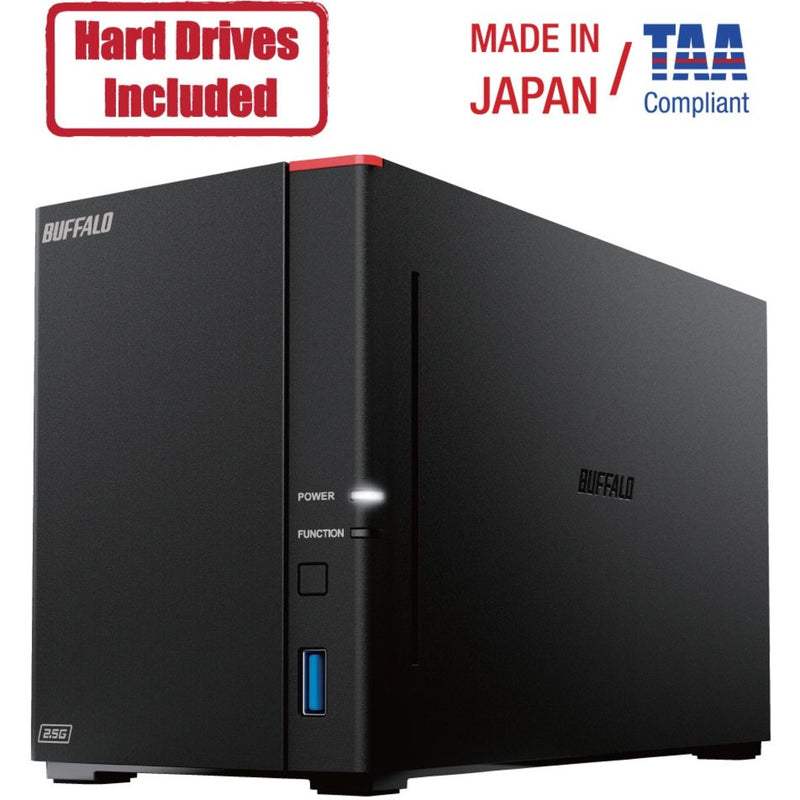 Front view of Buffalo LinkStation 720D NAS device with pre-installed hard drives, showing power button and USB port