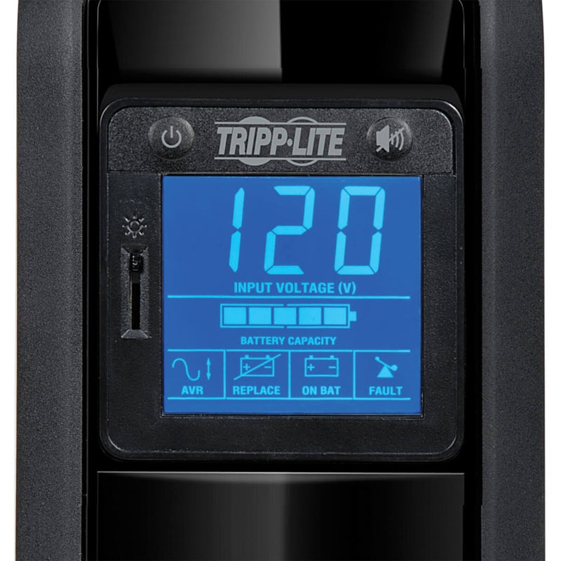 Close-up of Tripp Lite OMNI900LCD LCD display showing power metrics and status icons