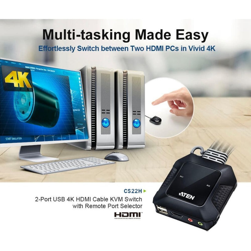 Marketing image showing dual PC setup with ATEN CS22H and 4K display