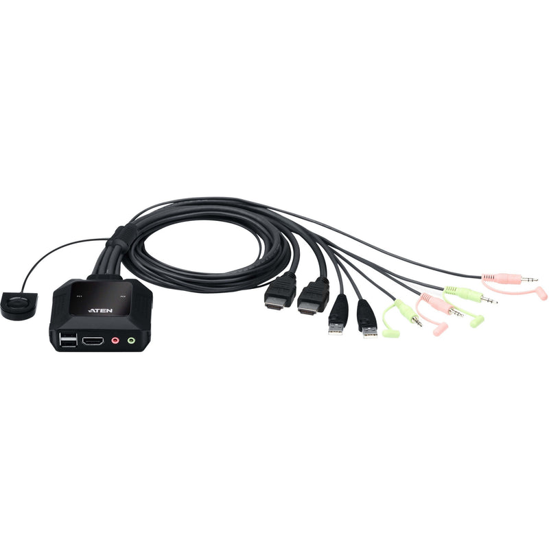 ATEN CS22H KVM switch with integrated cables showing HDMI, USB, and audio connections