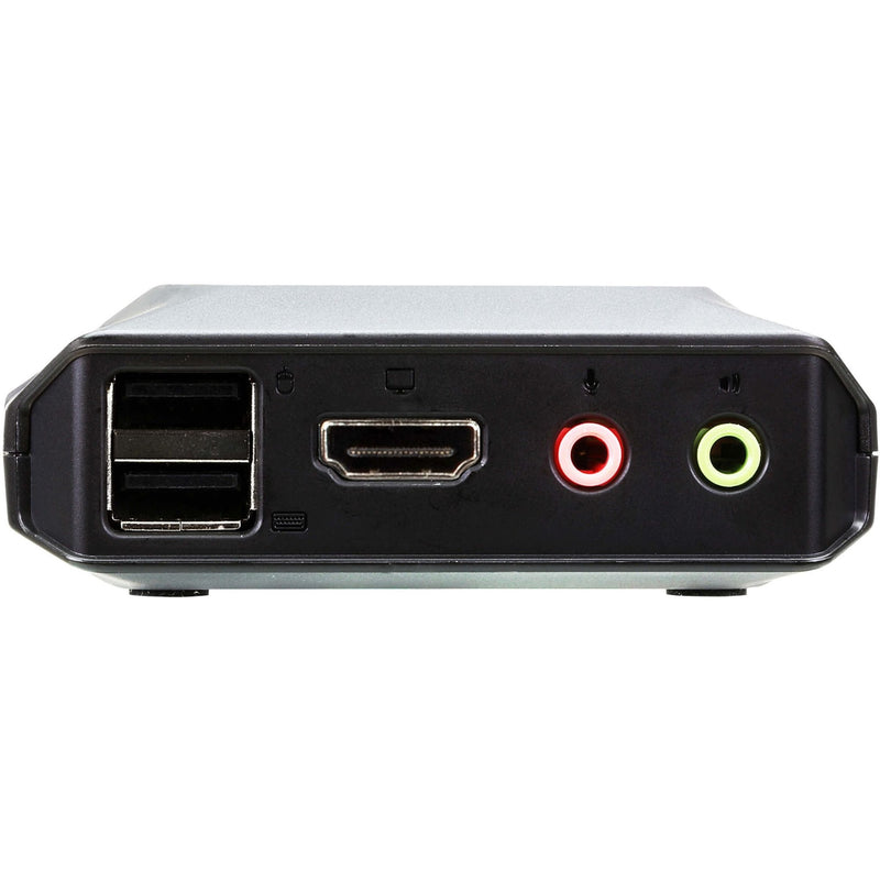 Close-up view of ATEN CS22H rear panel showing USB, HDMI, and audio ports