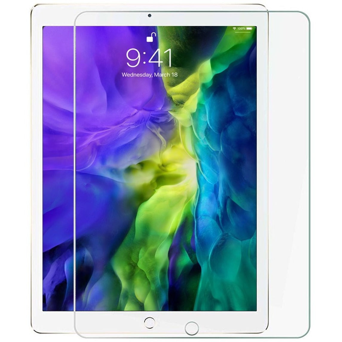 Tempered glass screen protector displayed over iPad Pro showing crystal clear transparency with vibrant colorful background-alternate-image1