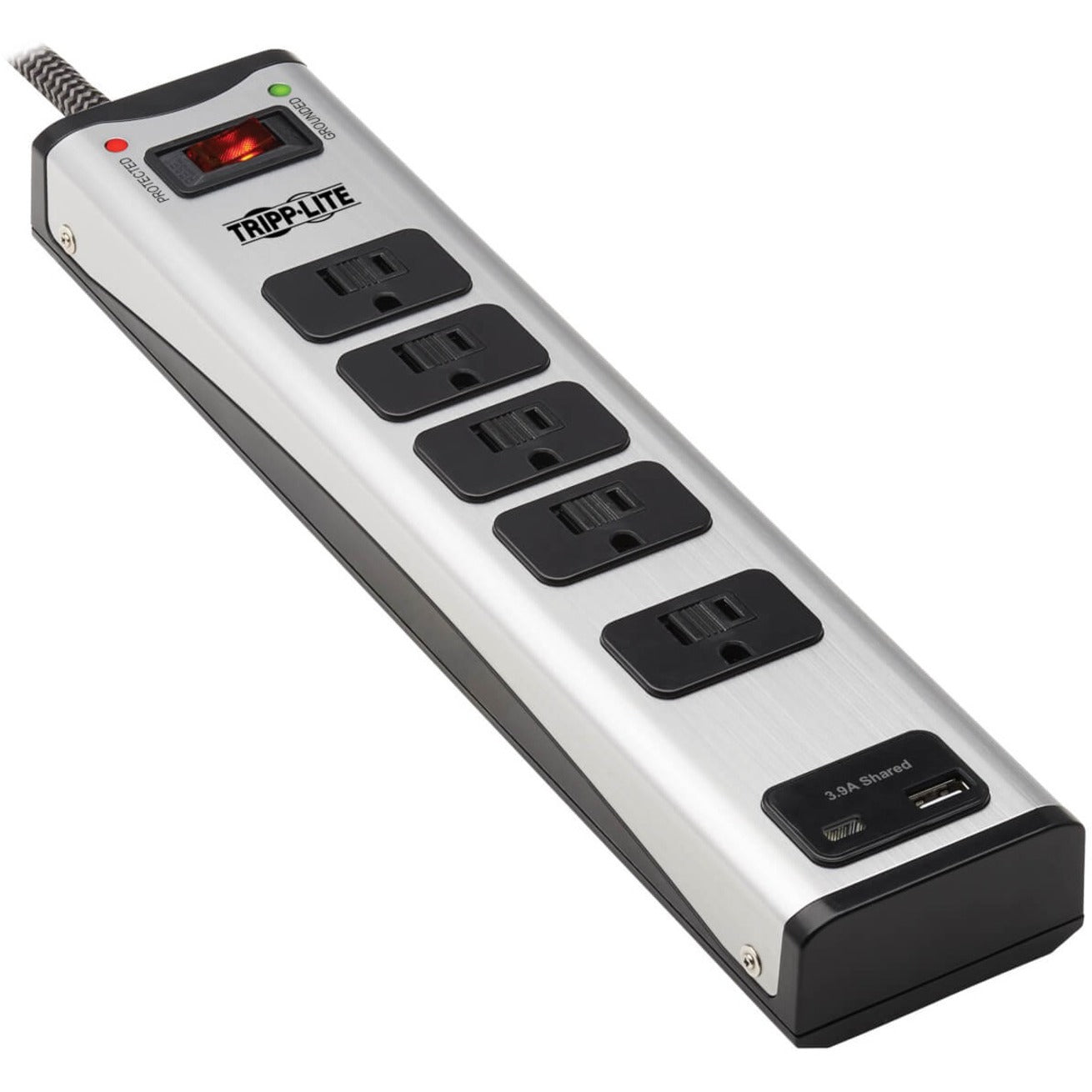 Tripp Lite 5-outlet surge protector with USB ports showing silver metal housing and black outlets-alternate-image1