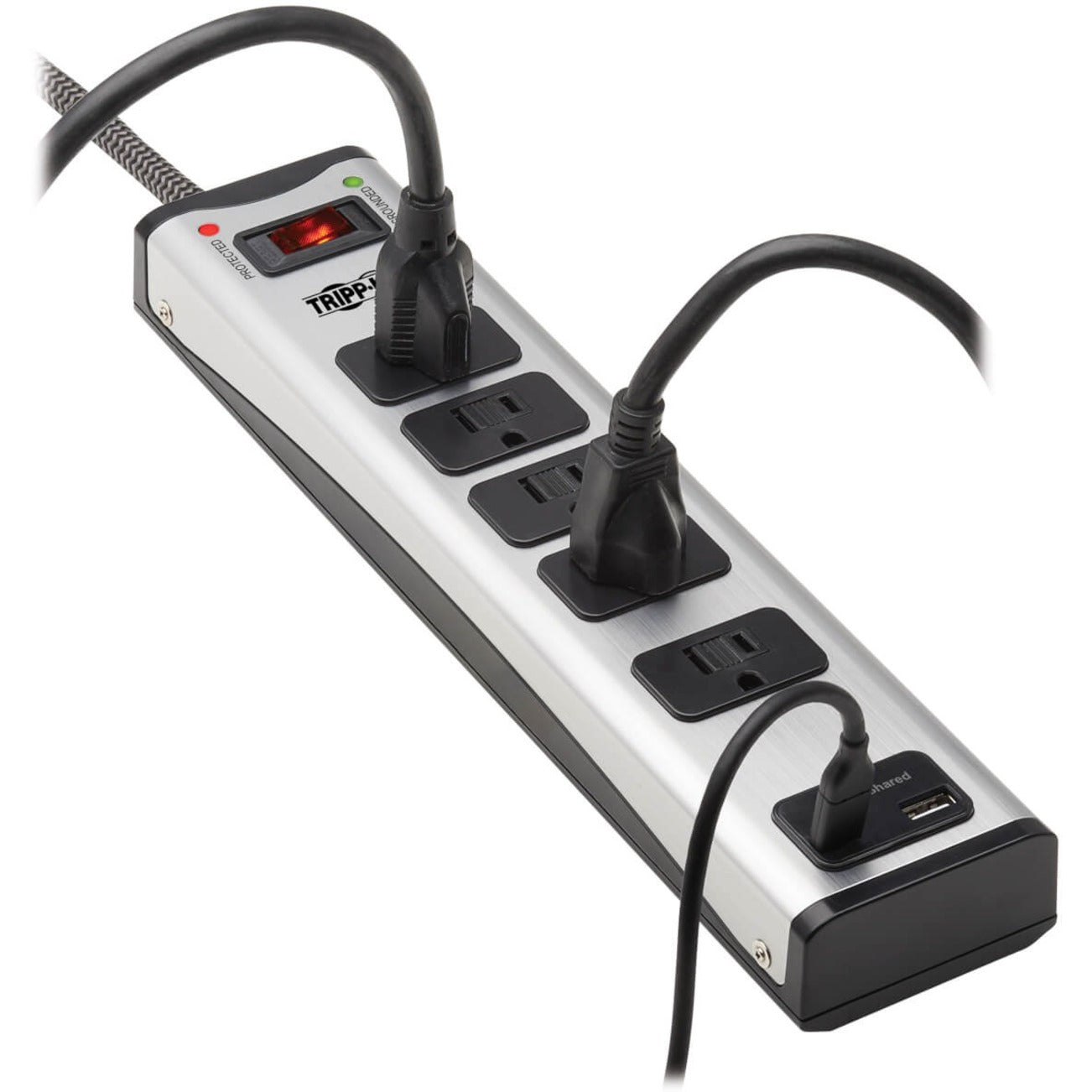 Angled view of Tripp Lite surge protector showing all features and connected devices-alternate-image9