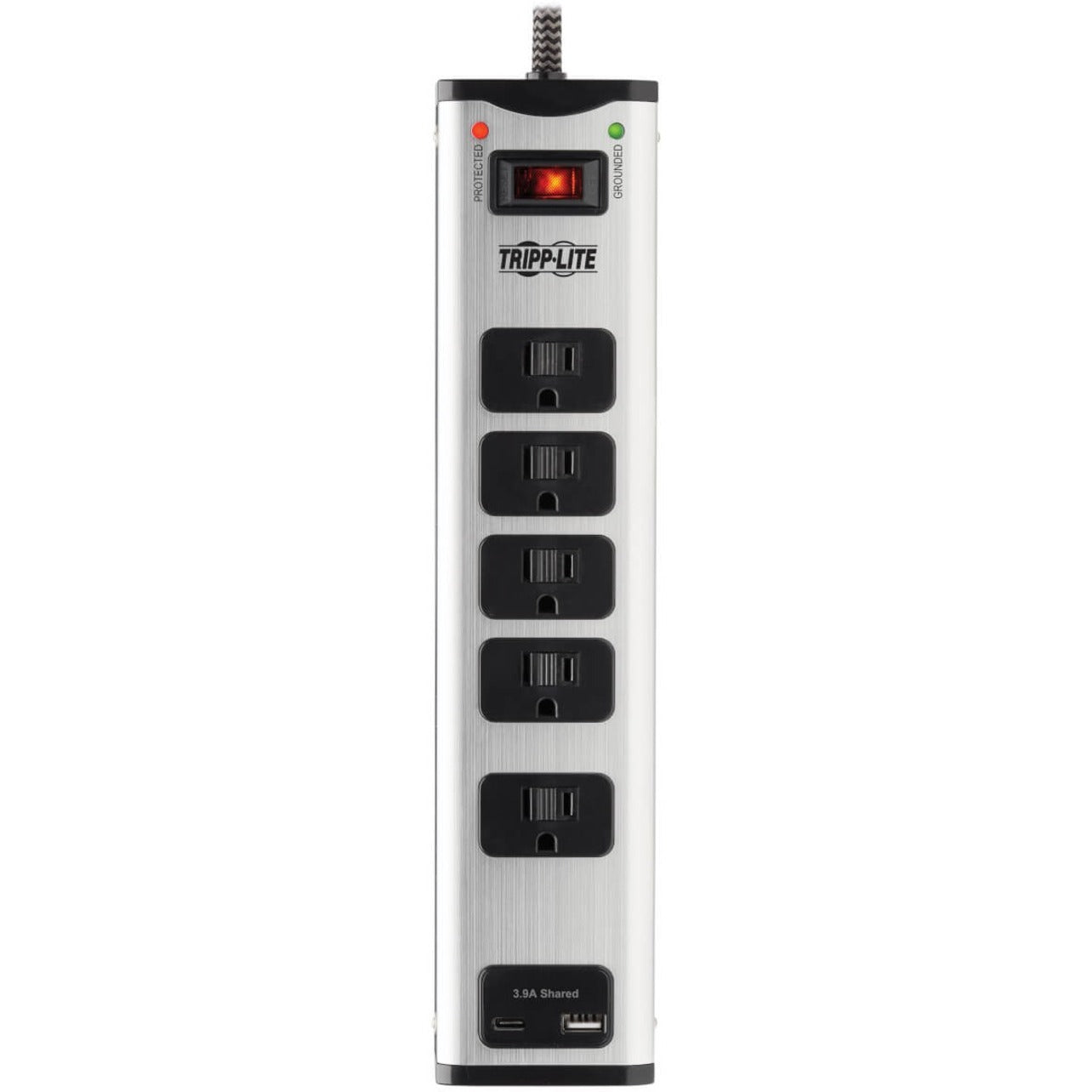 Vertical view of Tripp Lite surge protector showing outlet arrangement and LED indicators-alternate-image3