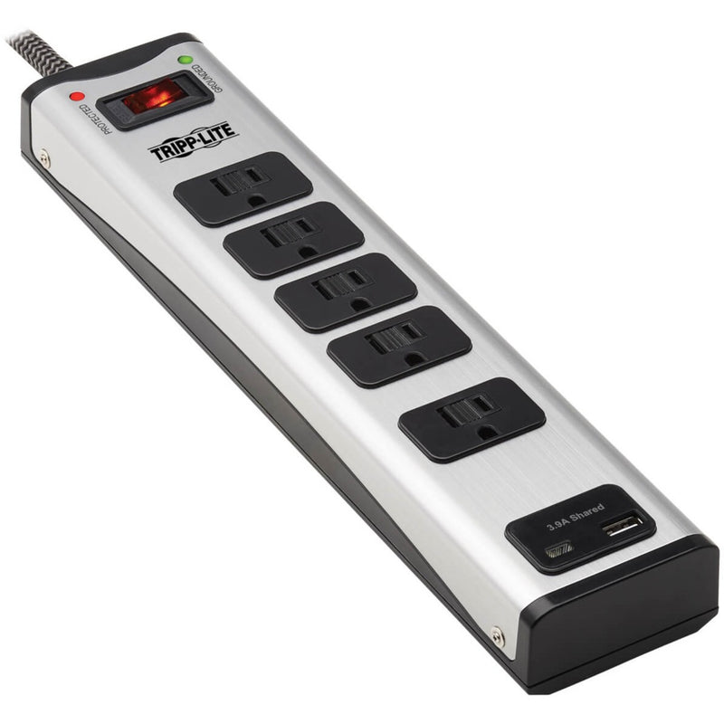 Tripp Lite 5-outlet surge protector with USB ports showing silver metal housing and black outlets