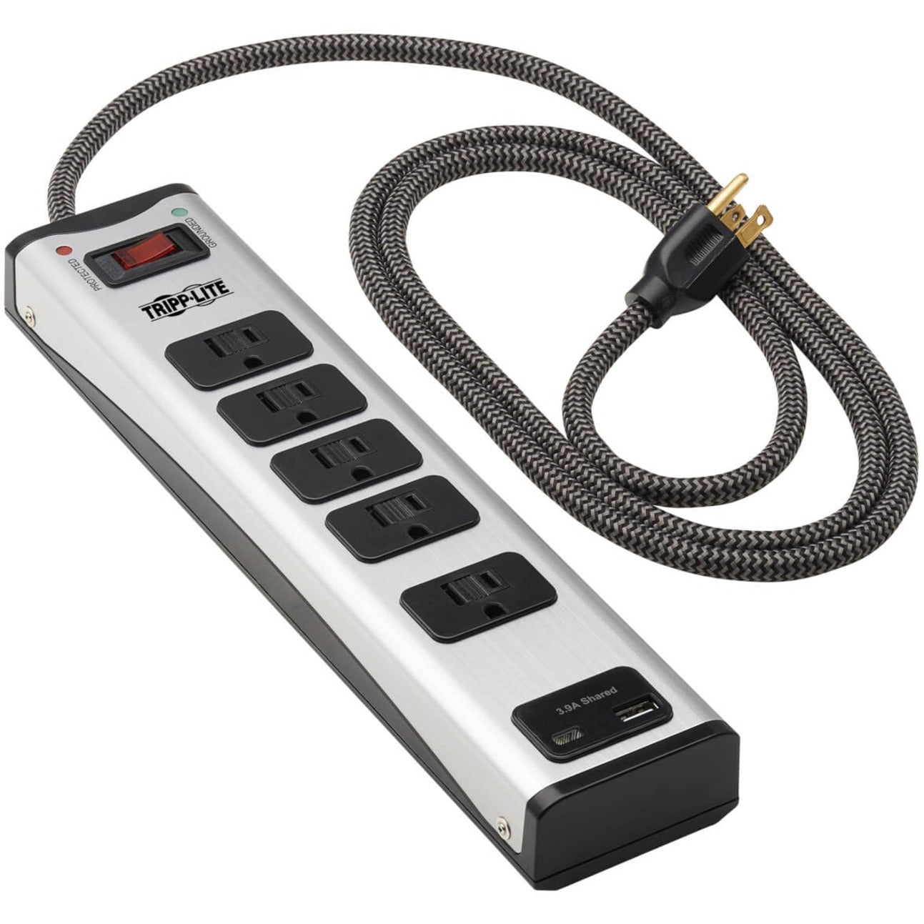 Tripp Lite surge protector with extended view of braided power cord and full outlet array-alternate-image2