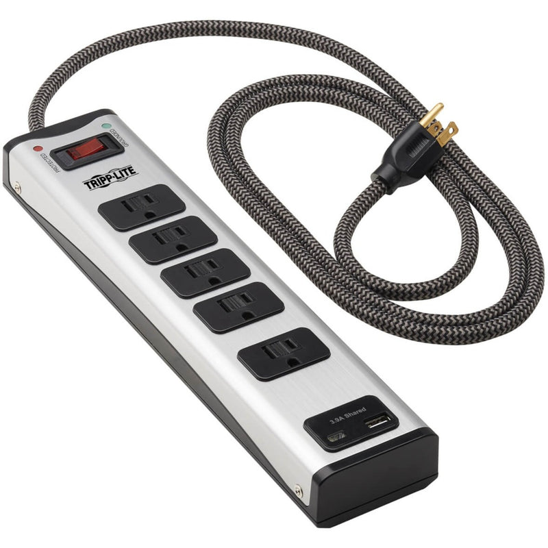 Tripp Lite surge protector with extended view of braided power cord and full outlet array