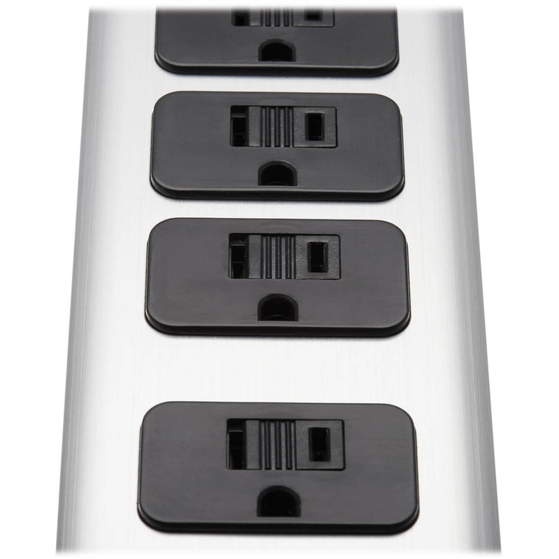 Close-up view of Tripp Lite surge protector outlets showing safety features