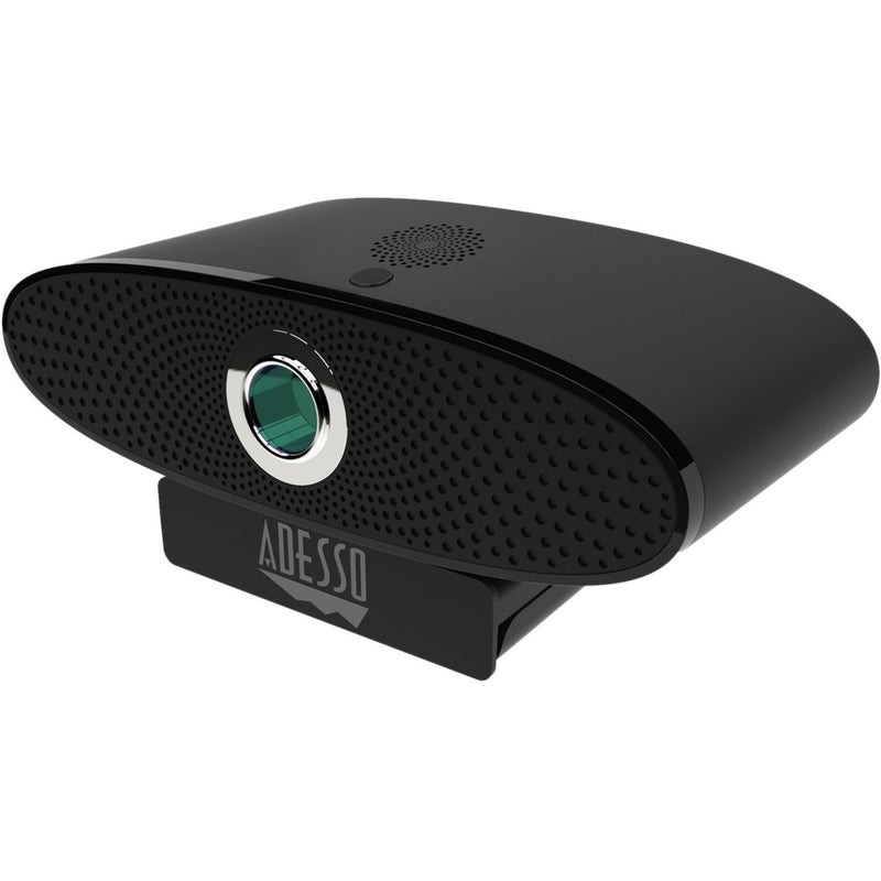 Side view of Adesso CyberTrack C100 webcam showing oval design with perforated speaker grille and chrome-rimmed lens