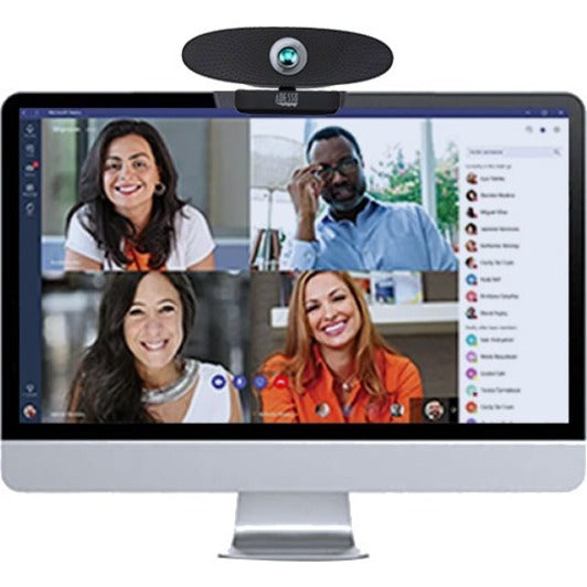 Desktop monitor displaying video conference with Adesso CyberTrack C100 mounted on top