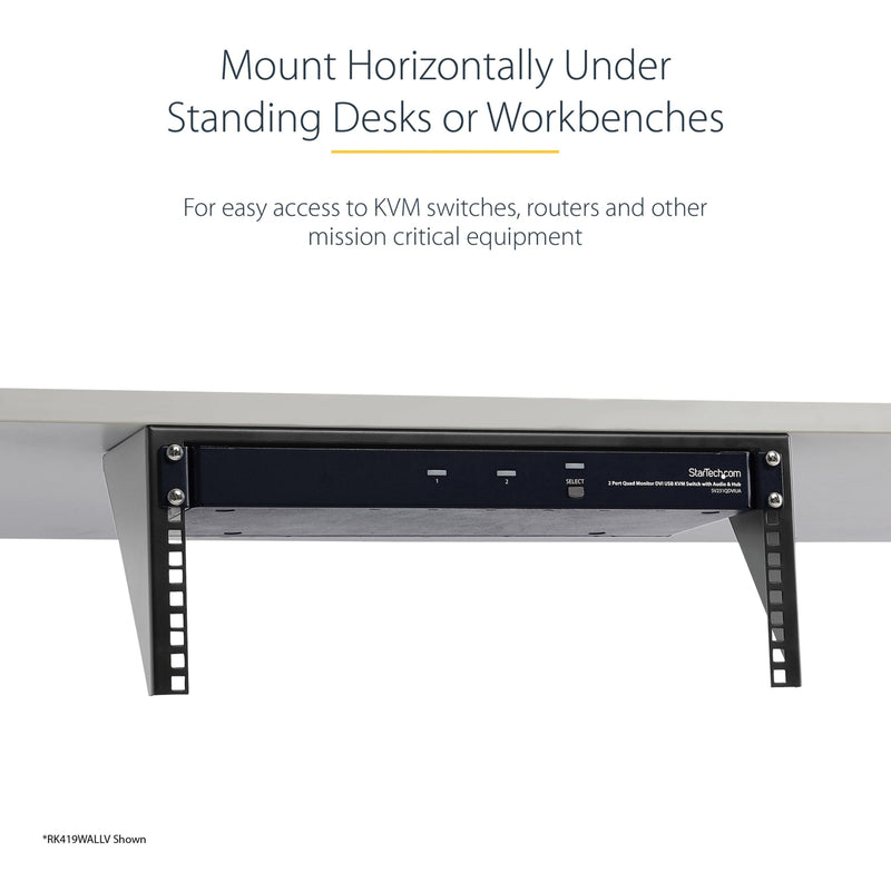 Demonstration of under-desk mounting configuration with network equipment