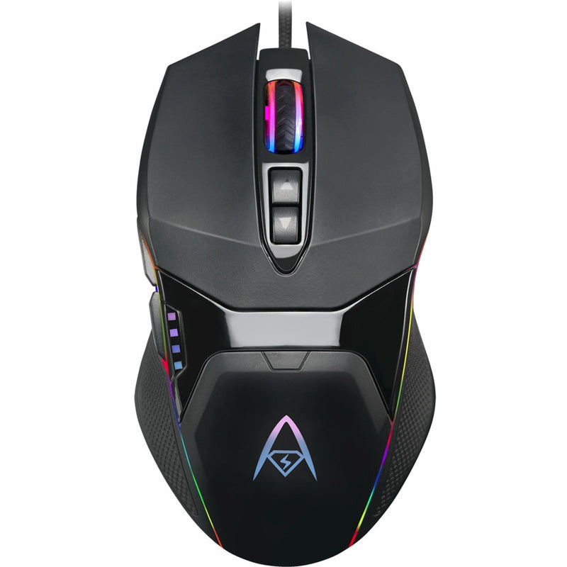 Top view of Adesso iMouse X5 gaming mouse showing RGB illuminated scroll wheel and logo