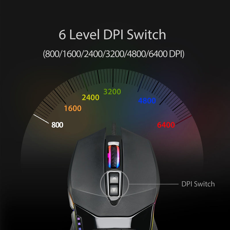 Diagram showing DPI adjustment range of Adesso iMouse X5 from 800 to 6400 DPI