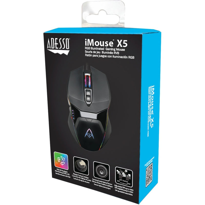 Retail packaging of Adesso iMouse X5 gaming mouse showing product features