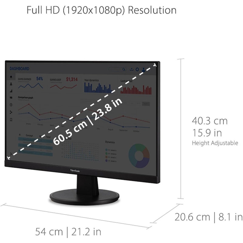 Dimensional diagram of ViewSonic VA2447-MH showing measurements