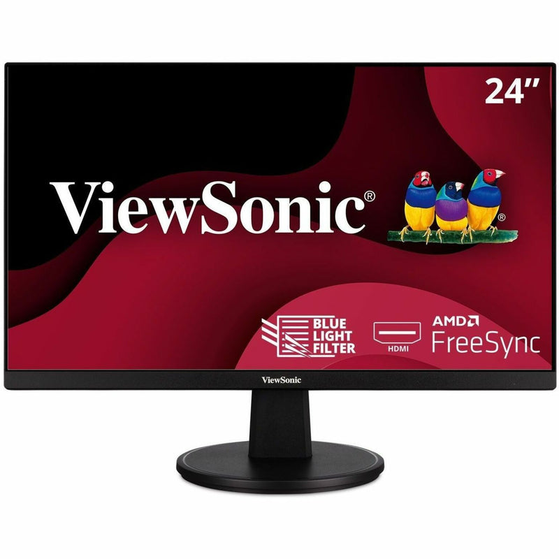 Front view of ViewSonic VA2447-MH 24-inch monitor showing red background with ViewSonic logo and features