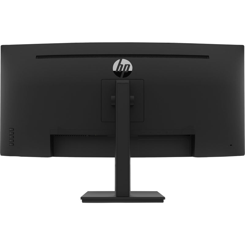 Rear view of HP P34hc G4 monitor showing ports, connections, and cable management system