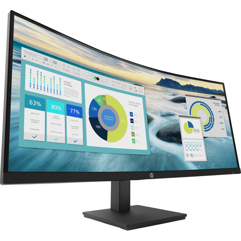 Angled view of HP P34hc G4 monitor displaying data visualization tools with curved screen emphasis