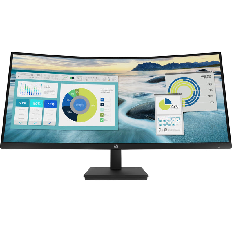 Direct front view of HP P34hc G4 monitor showing multiple analytics windows and data visualization tools on curved display