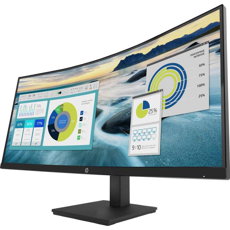 Front view of HP P34hc G4 curved monitor displaying multiple data visualization windows including pie charts and progress graphs on a scenic background