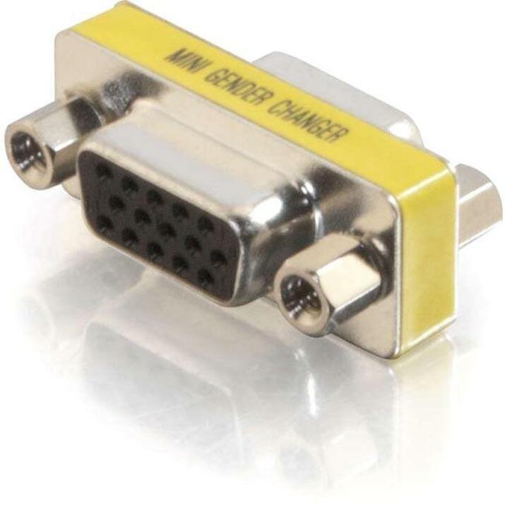 C2G VGA Mini Gender Changer adapter showing HD15 female connector and yellow identification band, side view