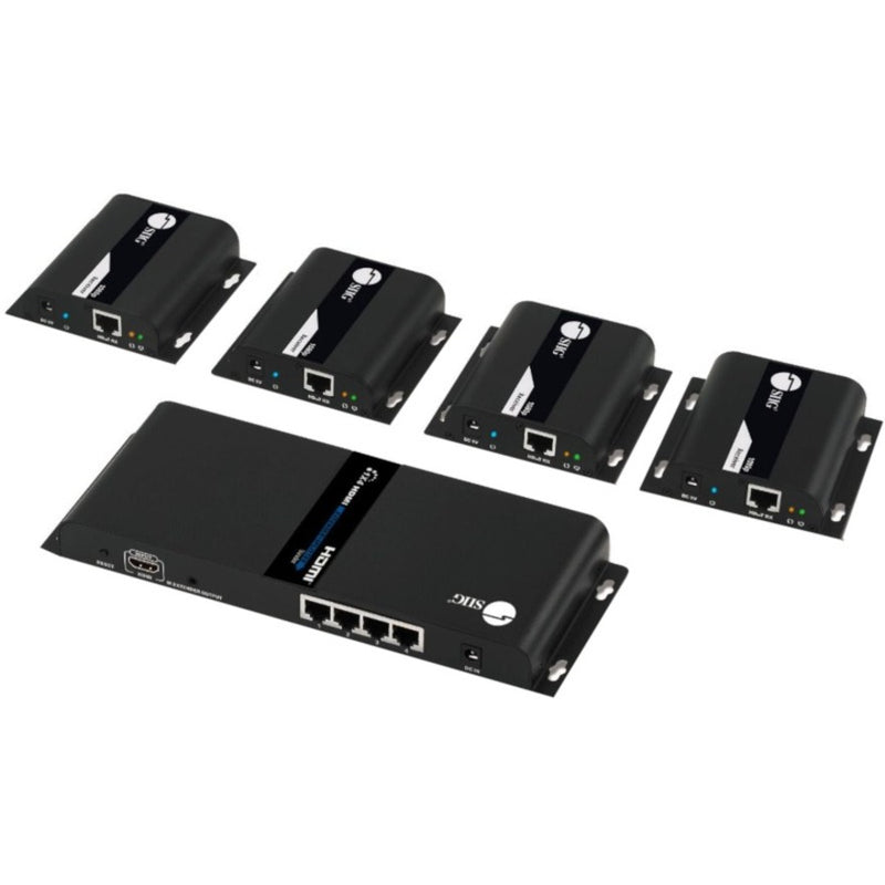 Detailed view of SIIG HDMI Splitter transmitter and receiver units showing connection ports and LED indicators