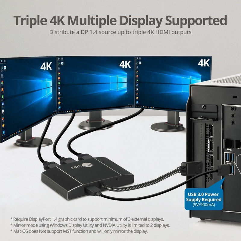 Triple 4K monitor setup showing MST hub connection with Windows desktop