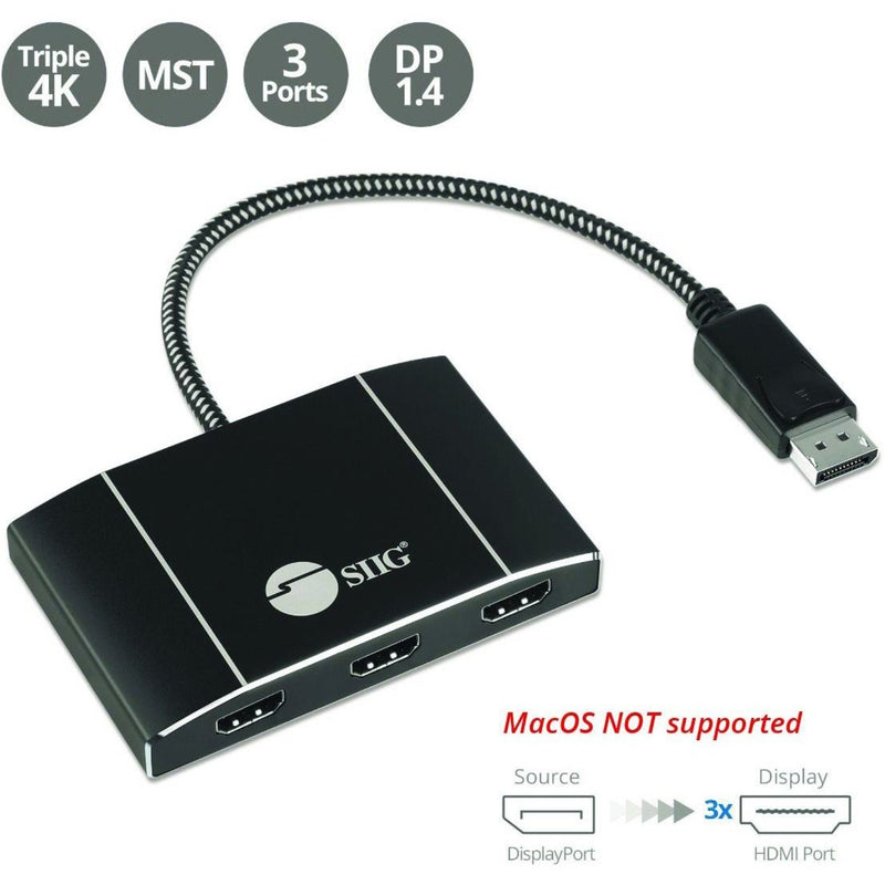 SIIG MST hub features highlighting DisplayPort and HDMI connections with technical specifications