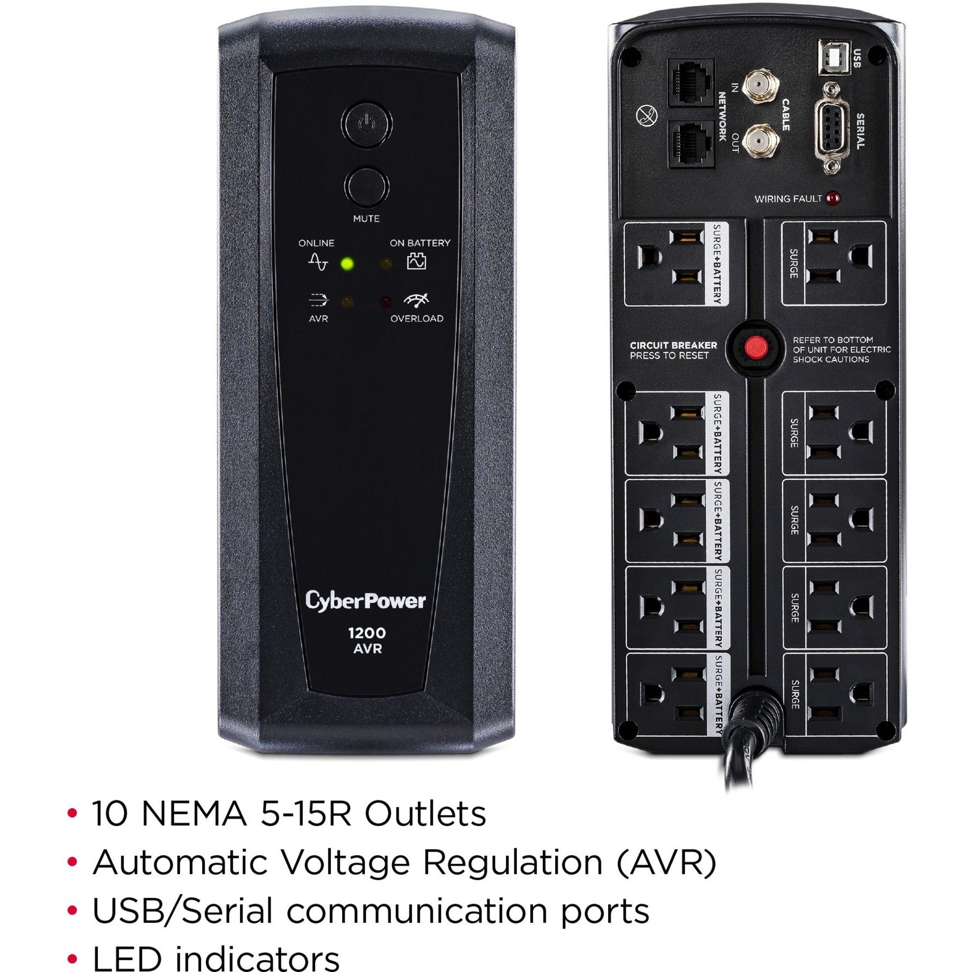 CyberPower CP1200AVR AVR UPS Systems 1200VA/720W 3-Year Warranty Energy Star USB & Serial Port