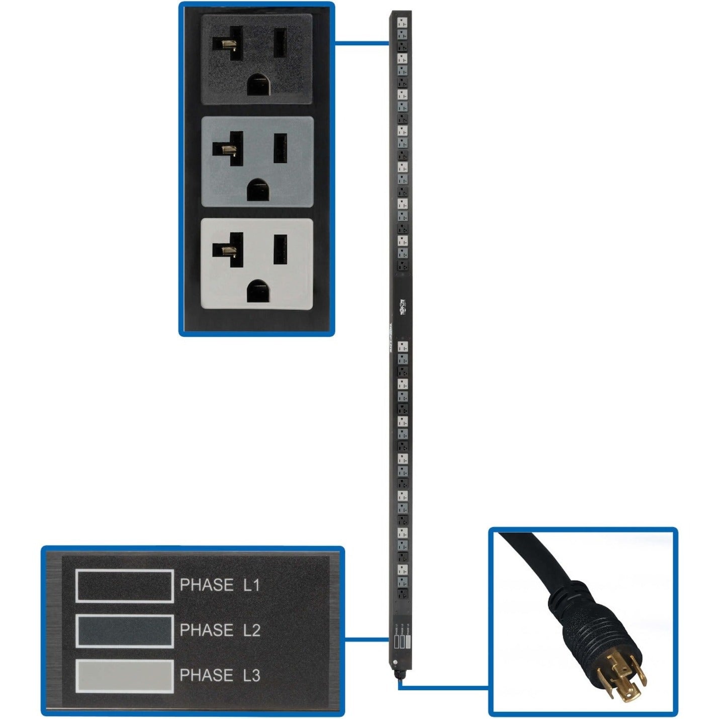 Three-phase PDU interface showing color-coded outlet banks and NEMA L21-20P connector-alternate-image1