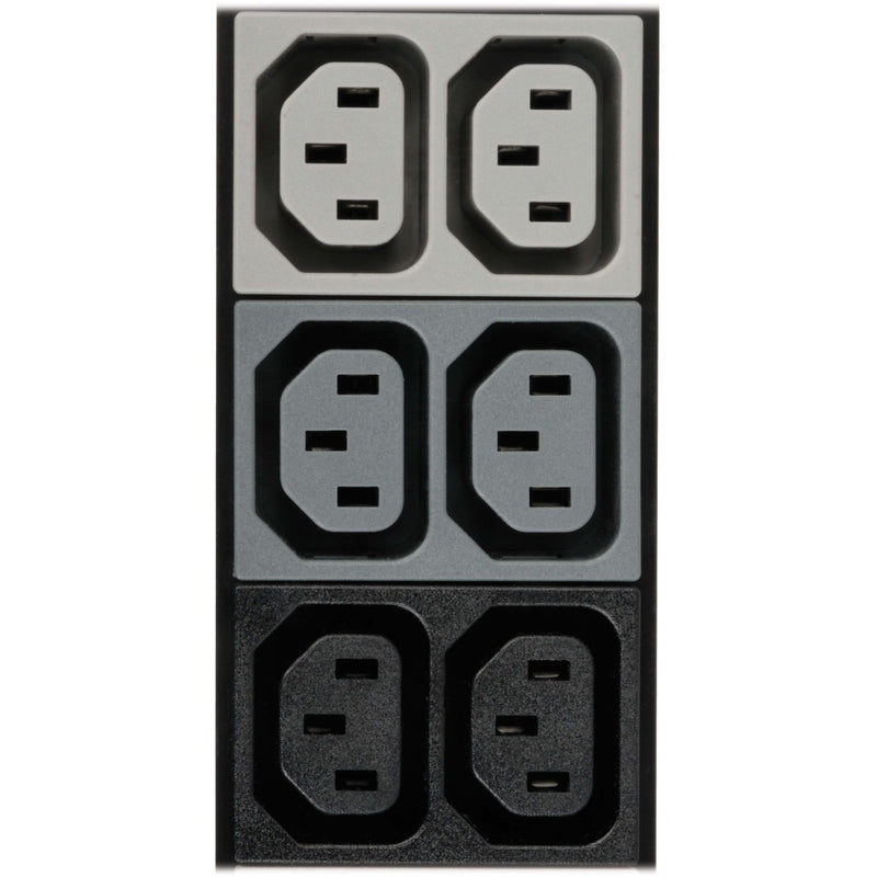 Close-up view of PDU C13 and C19 outlet arrangement