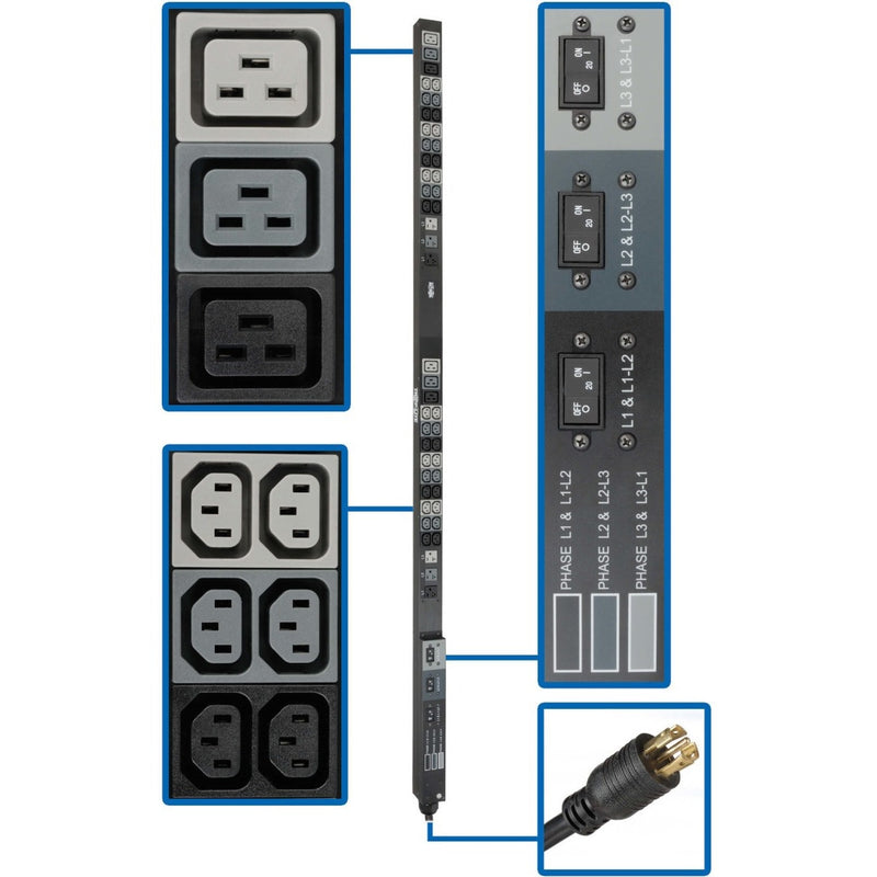 Detailed view of PDU3V6L2130 showing multiple outlet types and phase distribution panel with circuit breakers