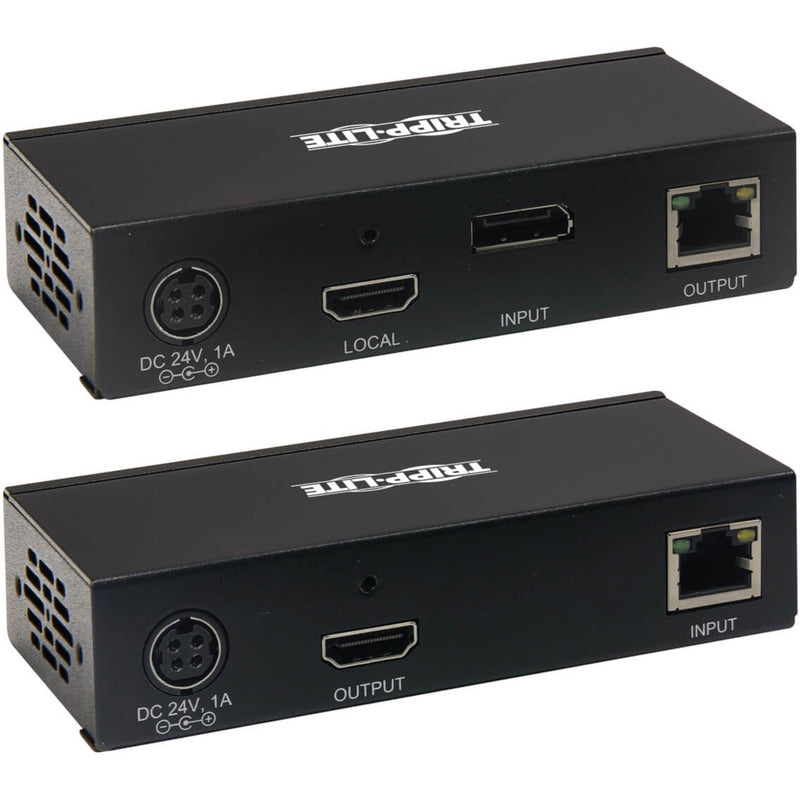 Rear view of transmitter and receiver units displaying HDMI, power, and network ports