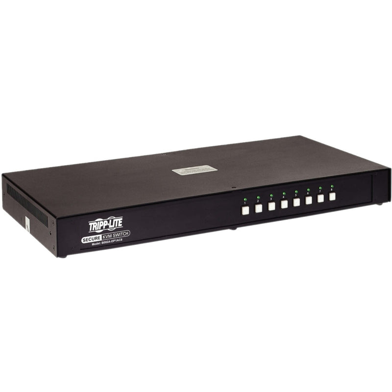 Front view of Tripp Lite B002A-DP1AC8 8-port secure KVM switch showing control buttons and status LEDs