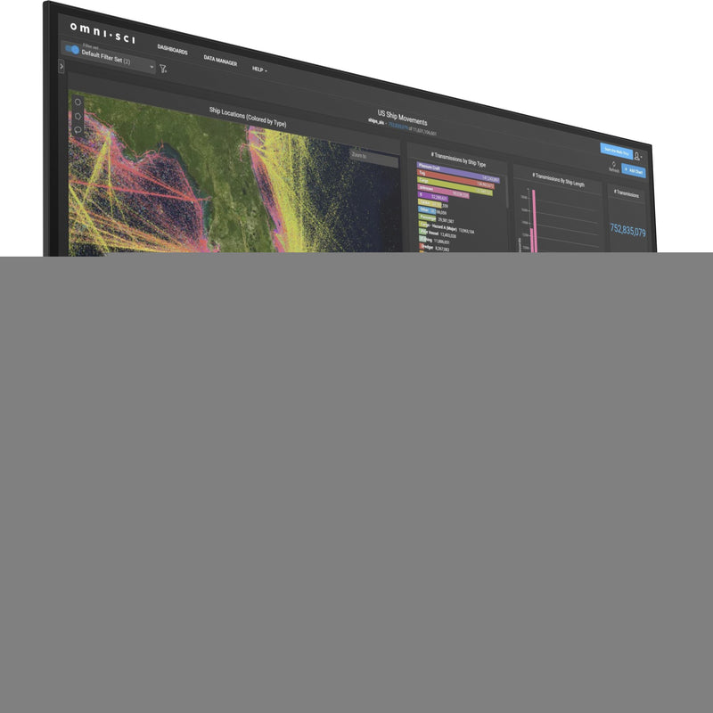 HP Z27k G3 monitor displaying detailed geographic data visualization with colorful ship movement patterns and analytical charts