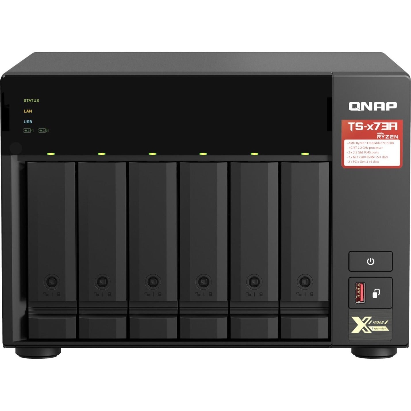 Angled view of QNAP TS-673A NAS showing drive bays and front panel interface-alternate-image2