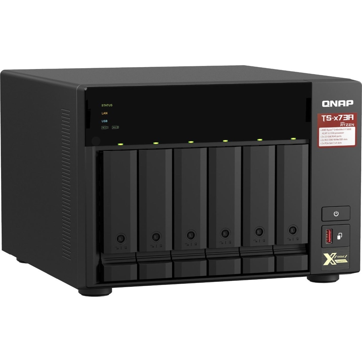 Front view of QNAP TS-673A 6-bay NAS with LED indicators and drive bays-alternate-image1