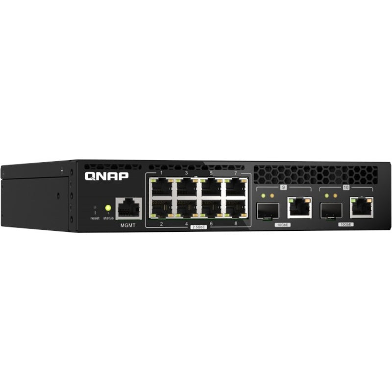 Side angle view of QNAP QSW-M2108R-2C showing half-width rack mount design