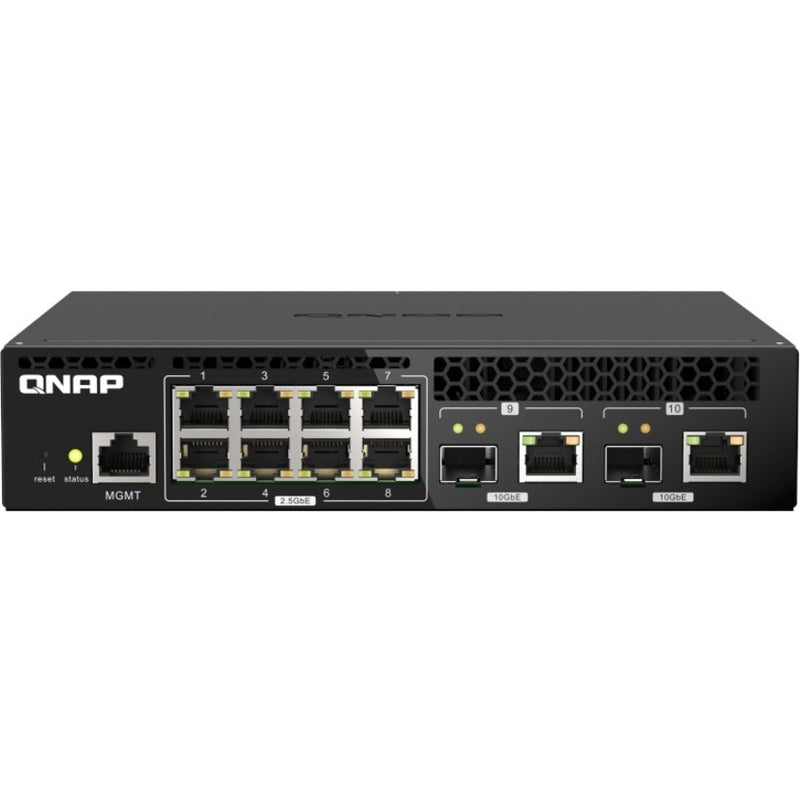 Front view of QNAP QSW-M2108R-2C network switch showing 8 2.5GbE ports and 2 10GbE combo ports with status LEDs